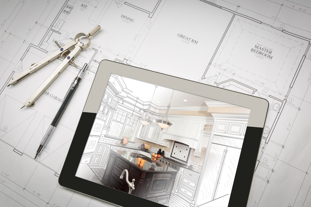Computer Tablet Showing Kitchen Illustration On House Plans, Pencil, Compass.