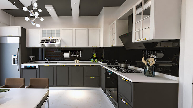 Modern, black kitchen with unique finishes. 